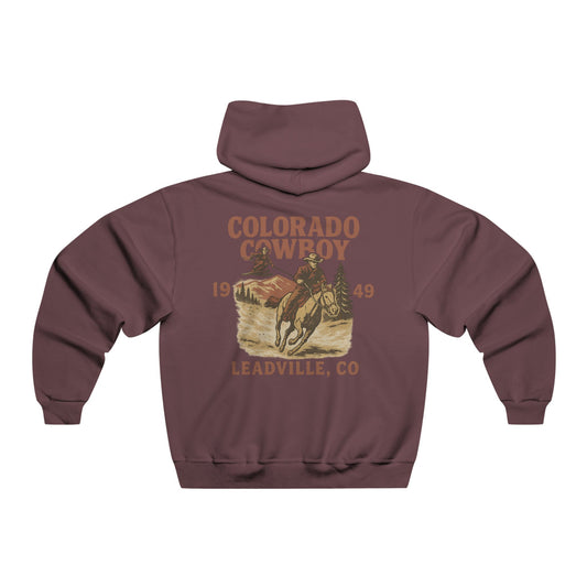 Back view of maroon Colorado Cowboy hoodie featuring distressed Western poster-style graphic of Daffy Don skijoring behind a cowboy on horseback.