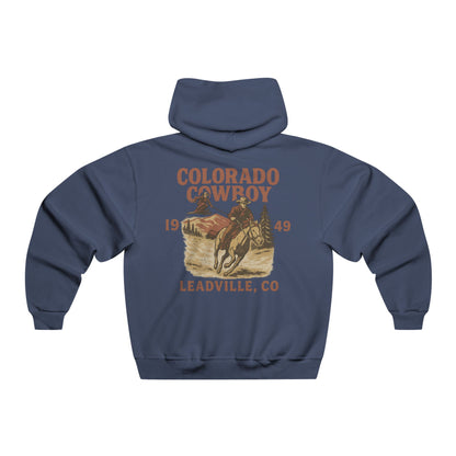 Back view of navy blue Colorado Cowboy hoodie with distressed Western skijoring design showing Daffy Don airborne behind a galloping horse.