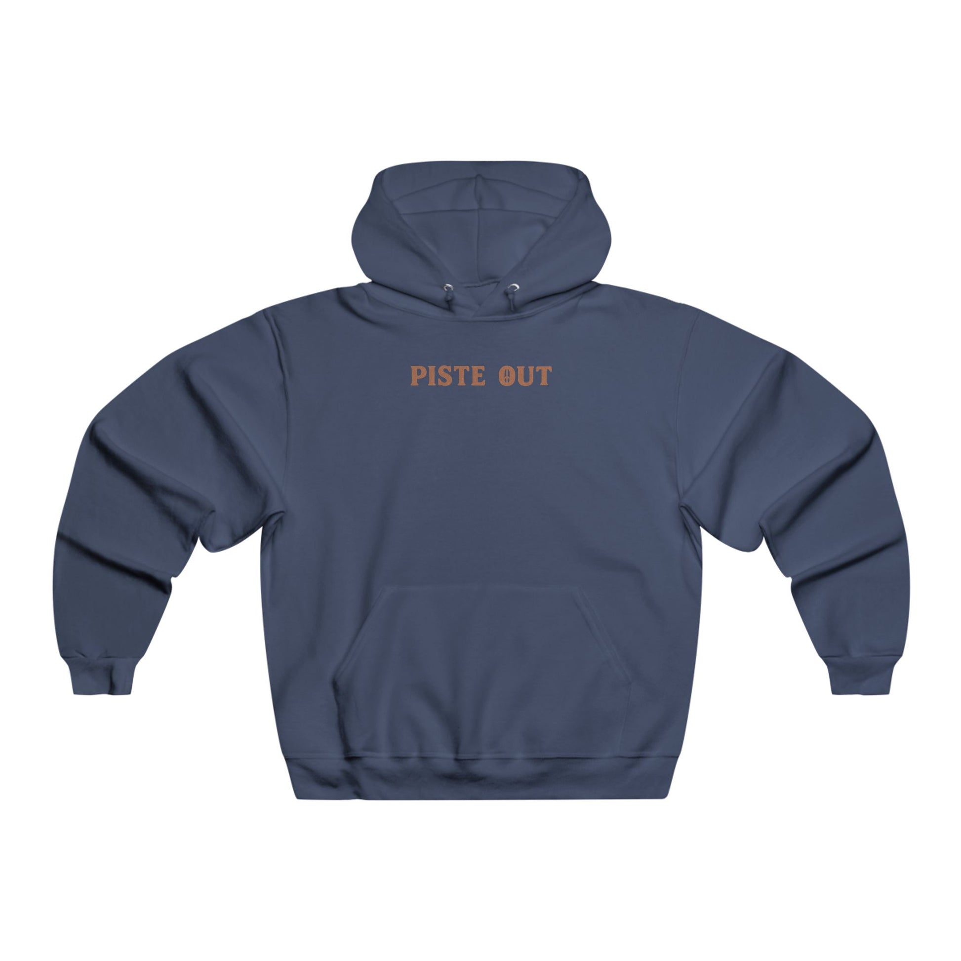 Front view of navy blue Colorado Cowboy hoodie with bold Piste Out chest text in vintage Western style.