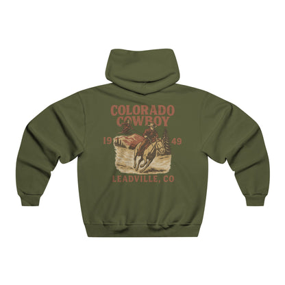 Back view of olive green Colorado Cowboy hoodie with vintage rodeo-inspired skijoring design of Daffy Don skiing behind a horse.