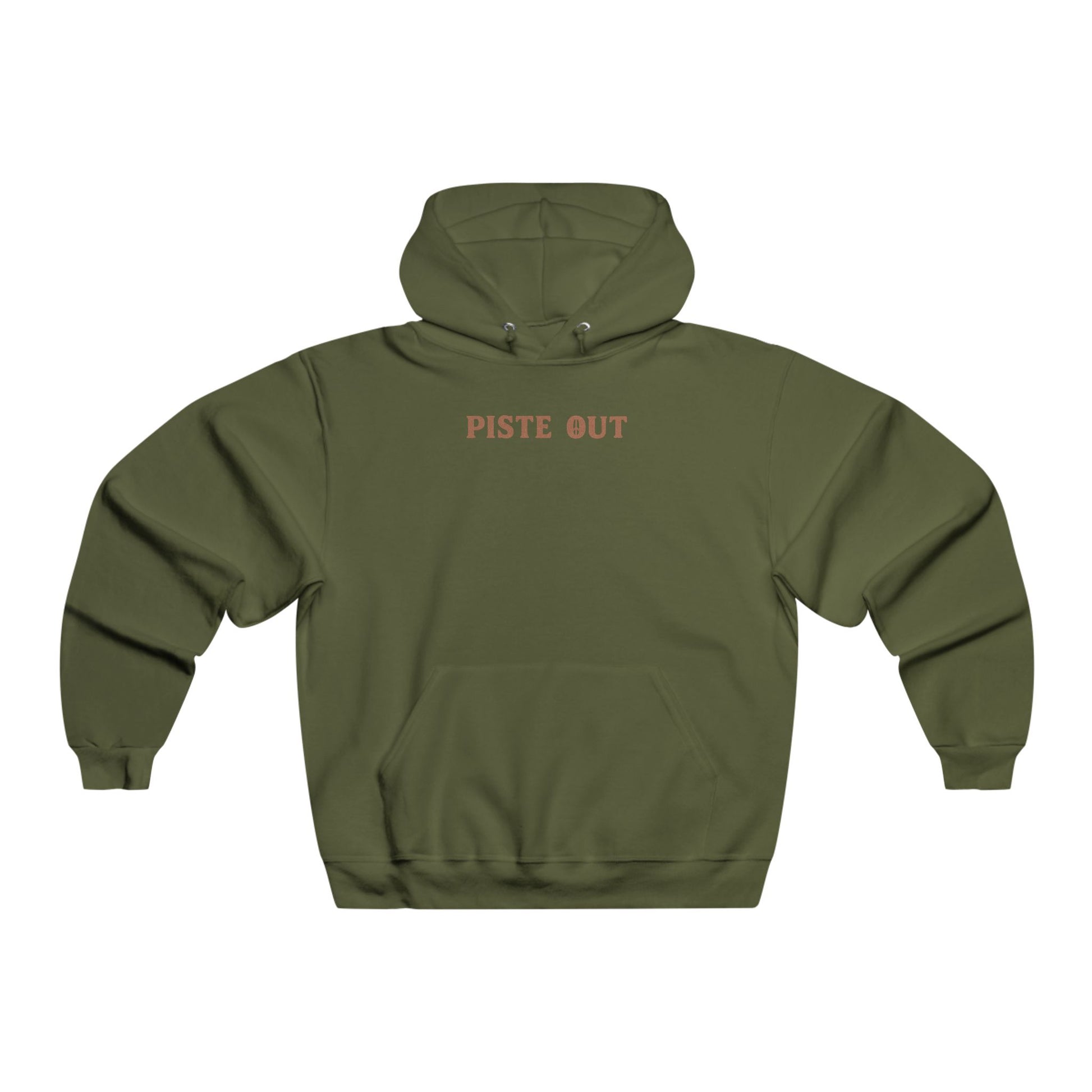 Front view of olive green Colorado Cowboy hoodie with Piste Out text across the chest in Western-style font.