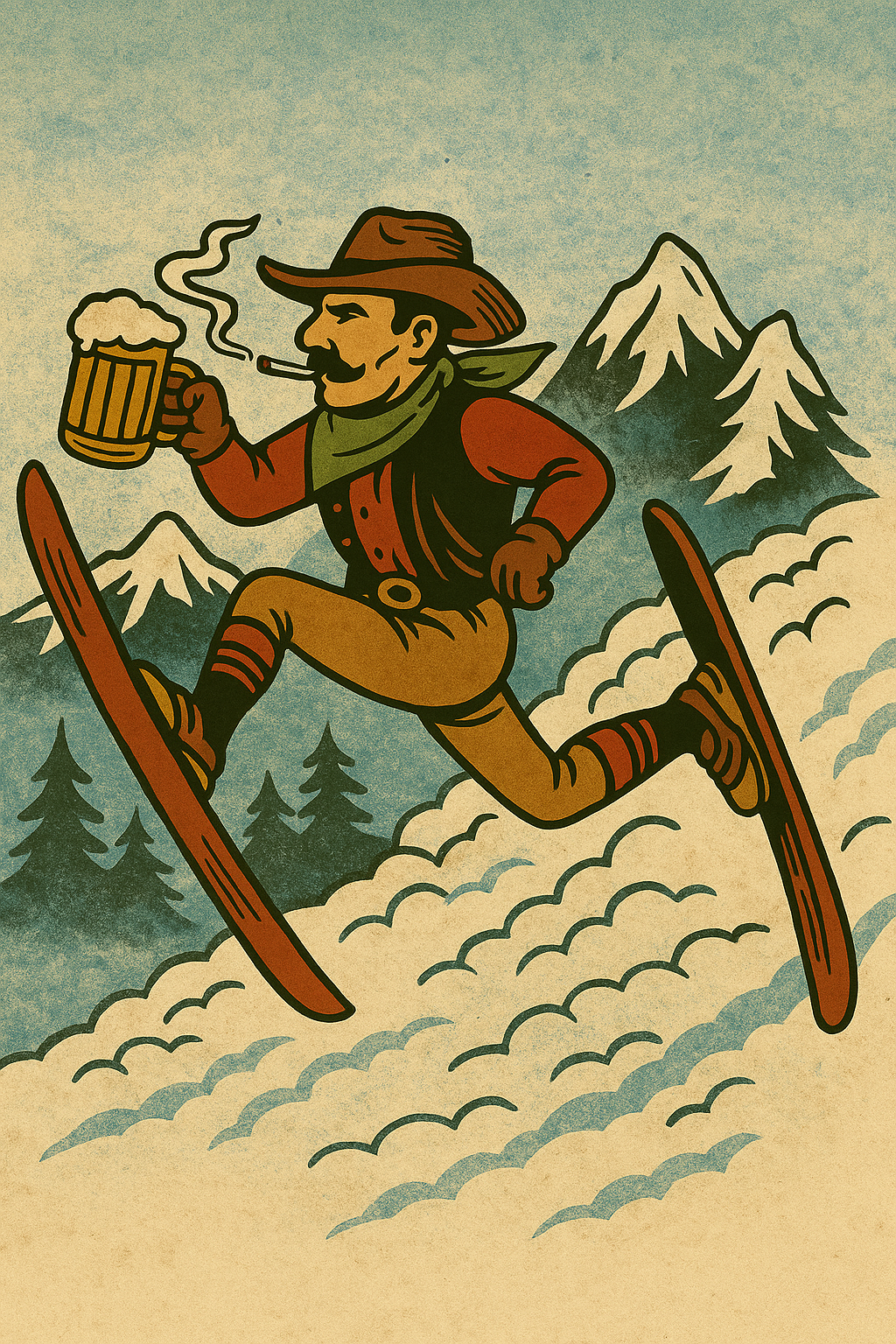 Cowboy skier performing a ski daffy with beer in hand and cigarette in mouth, soaring over snowy mountain peaks in vintage western tattoo-style artwork.