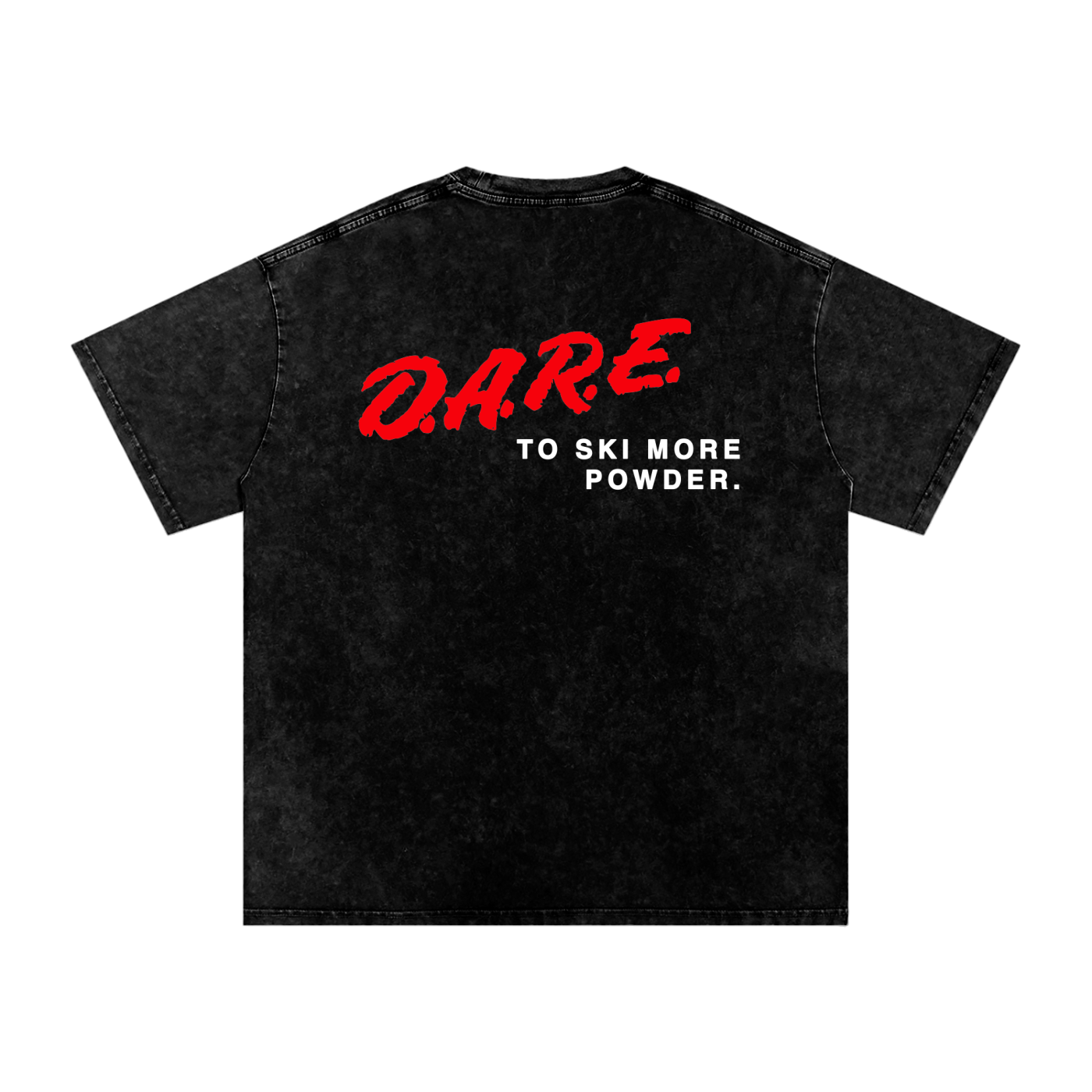 D.A.R.E. to Ski More Powder Oversized Boxy Tee in Black Diamond with DARE graphic on back, back view