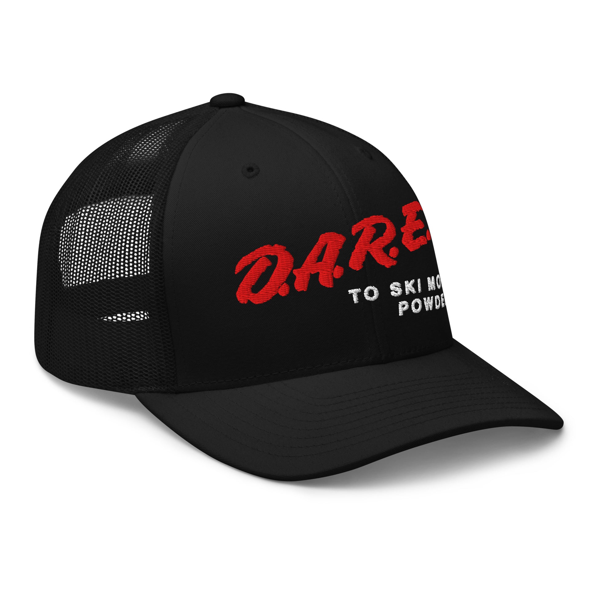 D.A.R.E. to Ski More Powder Trucker Hat in Black Diamond with red and white embroidery, wide angled view