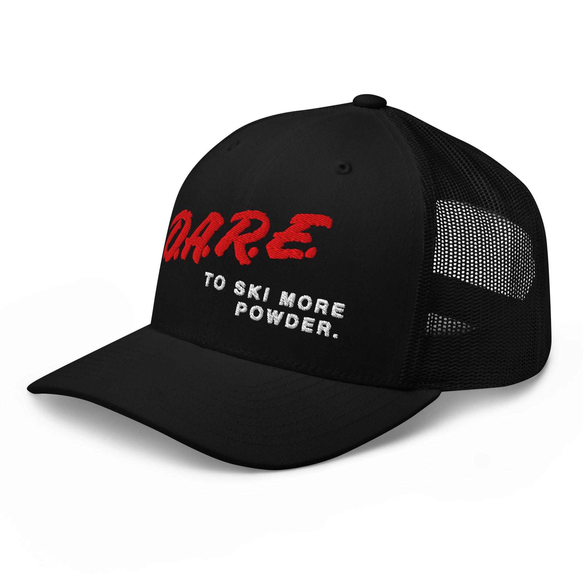 D.A.R.E. to Ski More Powder Trucker Hat in Black Diamond with red and white embroidery, angled front view