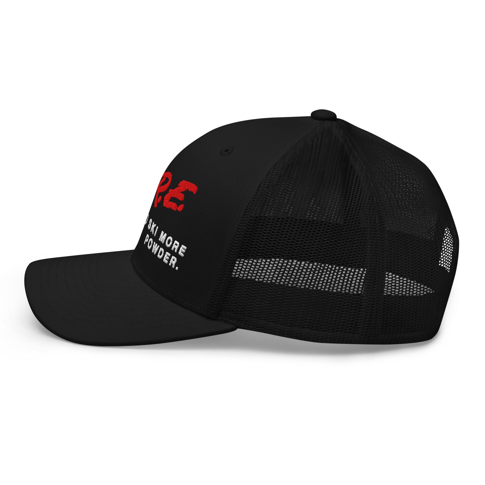 D.A.R.E. to Ski More Powder Trucker Hat in Black Diamond with red and white embroidery, side view