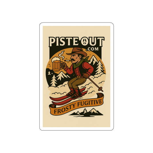Vintage-style sticker of a cowboy ski outlaw holding a frosty beer and smoking a cigarette with “PISTE OUT.COM” and “FROSTY FUGITIVE” text in retro banner