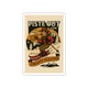 Vintage-style sticker of a cowboy ski outlaw holding a frosty beer and smoking a cigarette with “PISTE OUT.COM” and “FROSTY FUGITIVE” text in retro banner