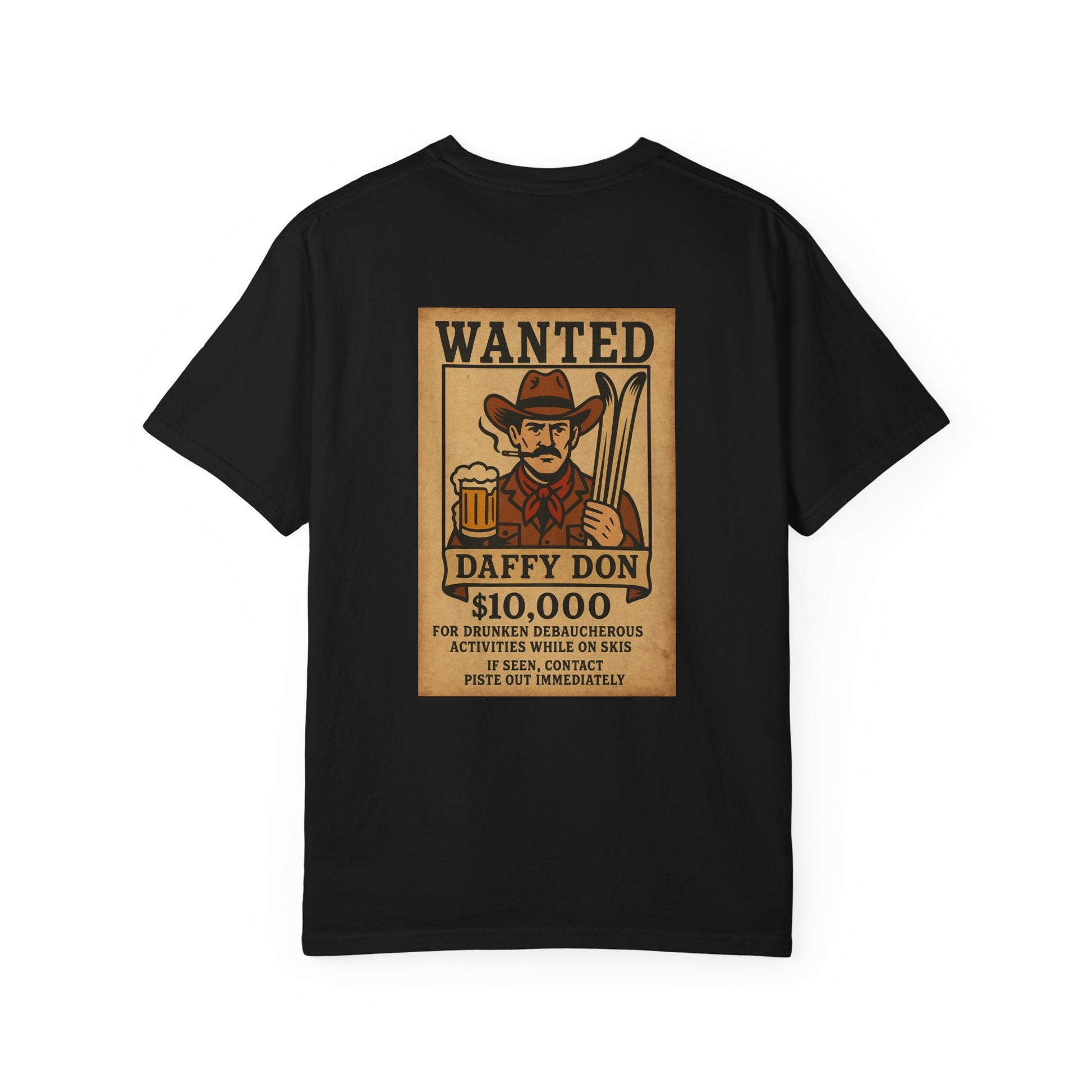 Back of black tee featuring retro “WANTED” poster of a cowboy holding a beer and skis