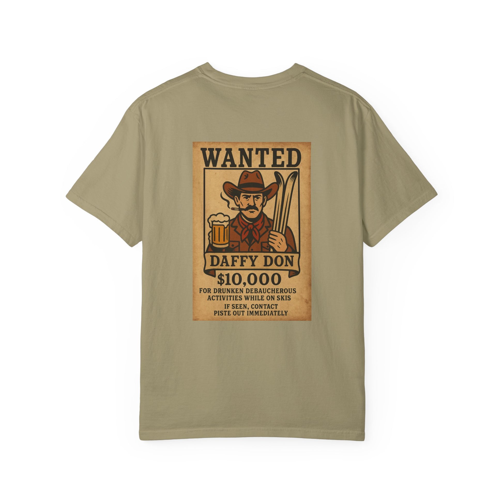 Back of khaki tee featuring retro “WANTED” poster of a cowboy holding a beer and skis