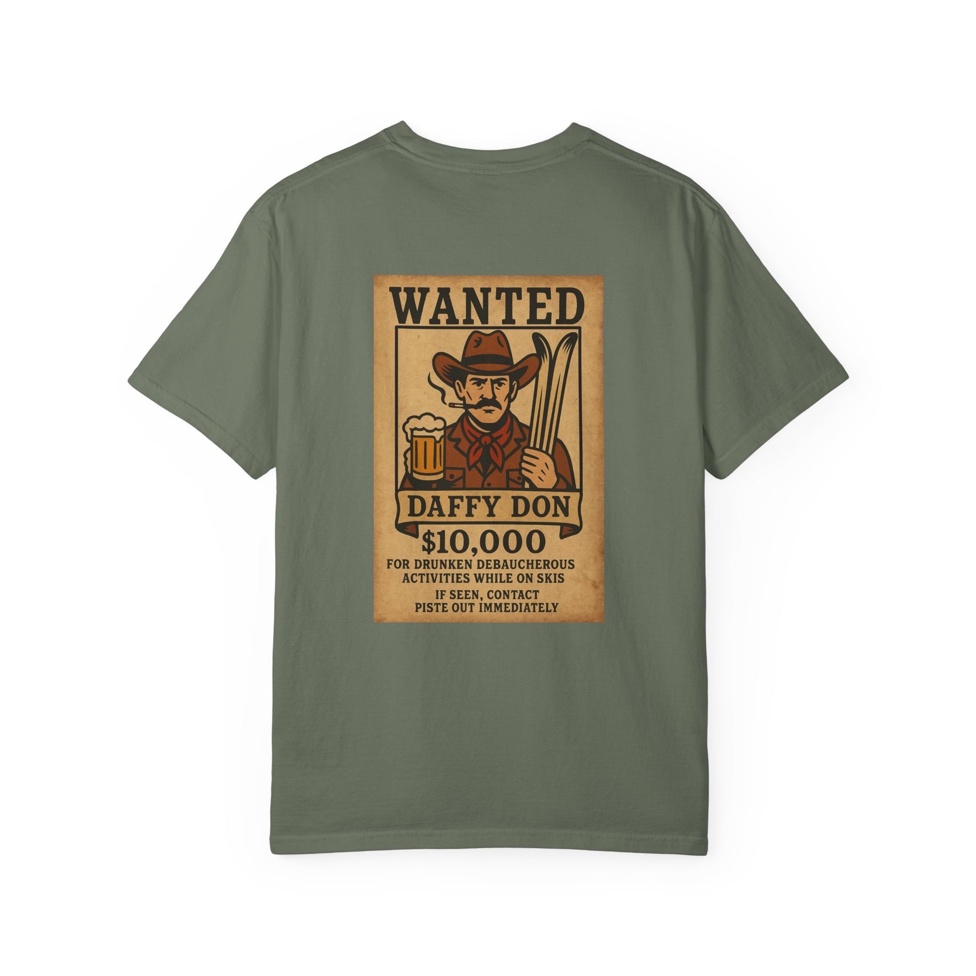 Back of green tee featuring retro “WANTED” poster of a cowboy holding a beer and skis