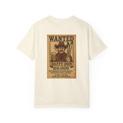Back of cream tee featuring retro “WANTED” poster of a cowboy holding a beer and skis