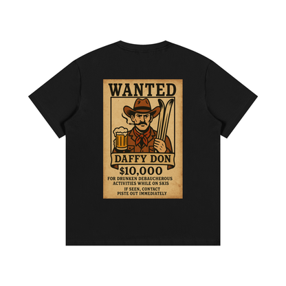 Back view of Frosty Fugitive tee in Black Diamond featuring vintage wanted poster of Daffy Don with skis and beer mug.