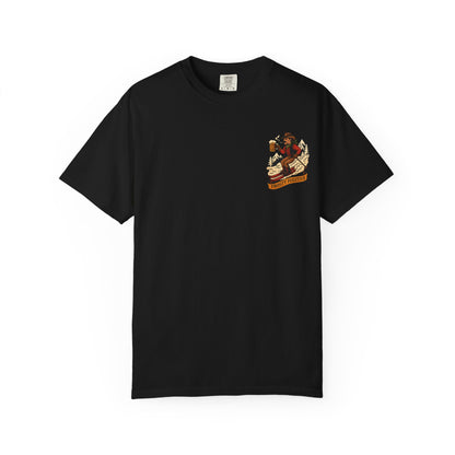 Front of back tee with small vintage ski outlaw holding a beer and a "Frosty Fugitive" banner printed on left chest
