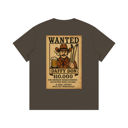 Back view of Frosty Fugitive tee in Espresso featuring wanted poster design with Daffy Don, beer mug, and skis.