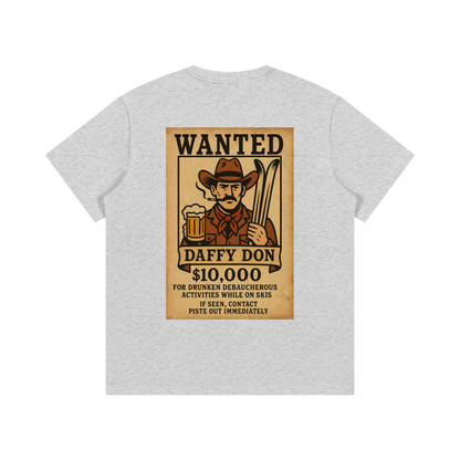 Back view of Frosty Fugitive tee in heather gray with large western-style wanted poster print of Daffy Don holding skis and beer.