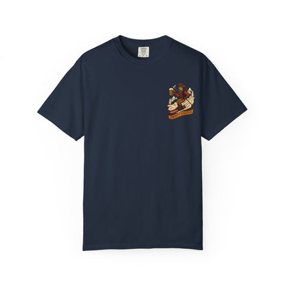 Front of navy blue tee with small vintage ski outlaw holding a beer and a "Frosty Fugitive" banner printed on left chest