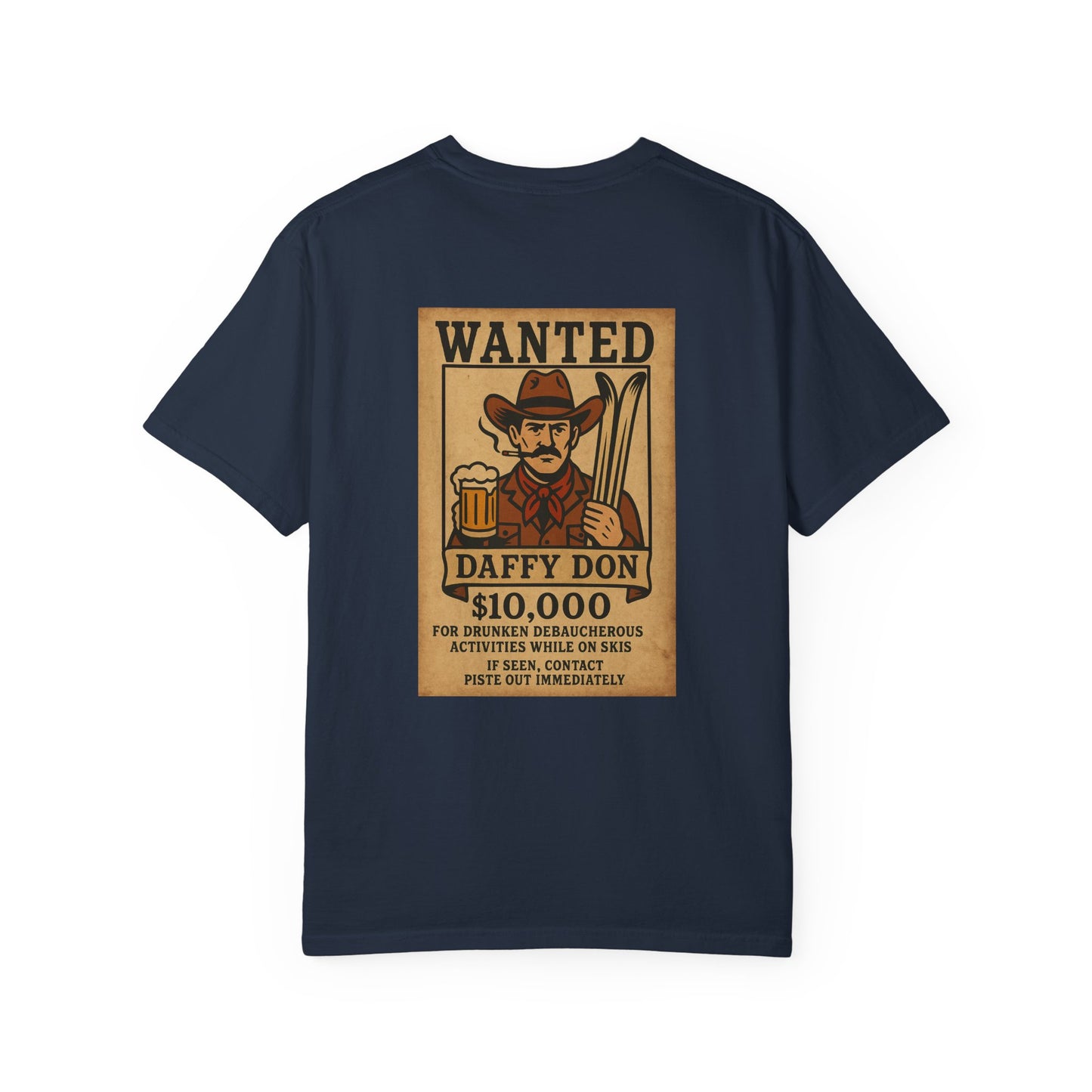 Back of navy blue tee featuring retro “WANTED” poster of a cowboy holding a beer and skis