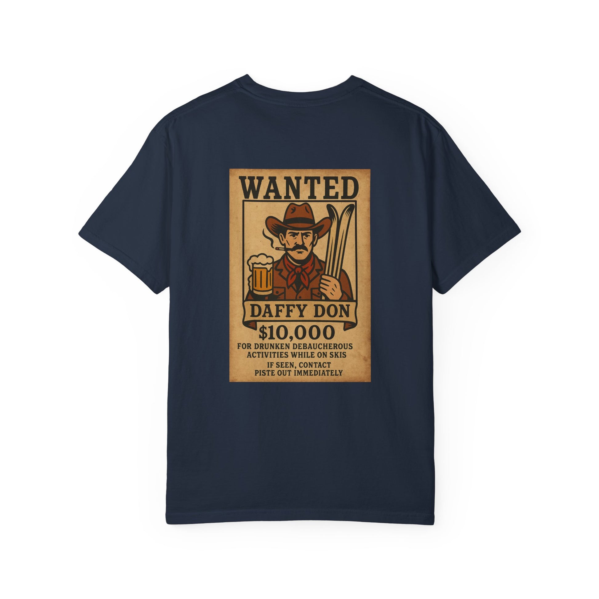 Back of navy blue tee featuring retro “WANTED” poster of a cowboy holding a beer and skis