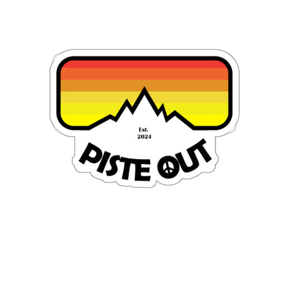 Retro ski goggle sticker with red-orange-yellow gradient lens, black mountain silhouette, and bold “PISTE OUT” text with peace sign ‘O’