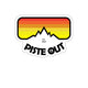 Retro ski goggle sticker with red-orange-yellow gradient lens, black mountain silhouette, and bold “PISTE OUT” text with peace sign ‘O’