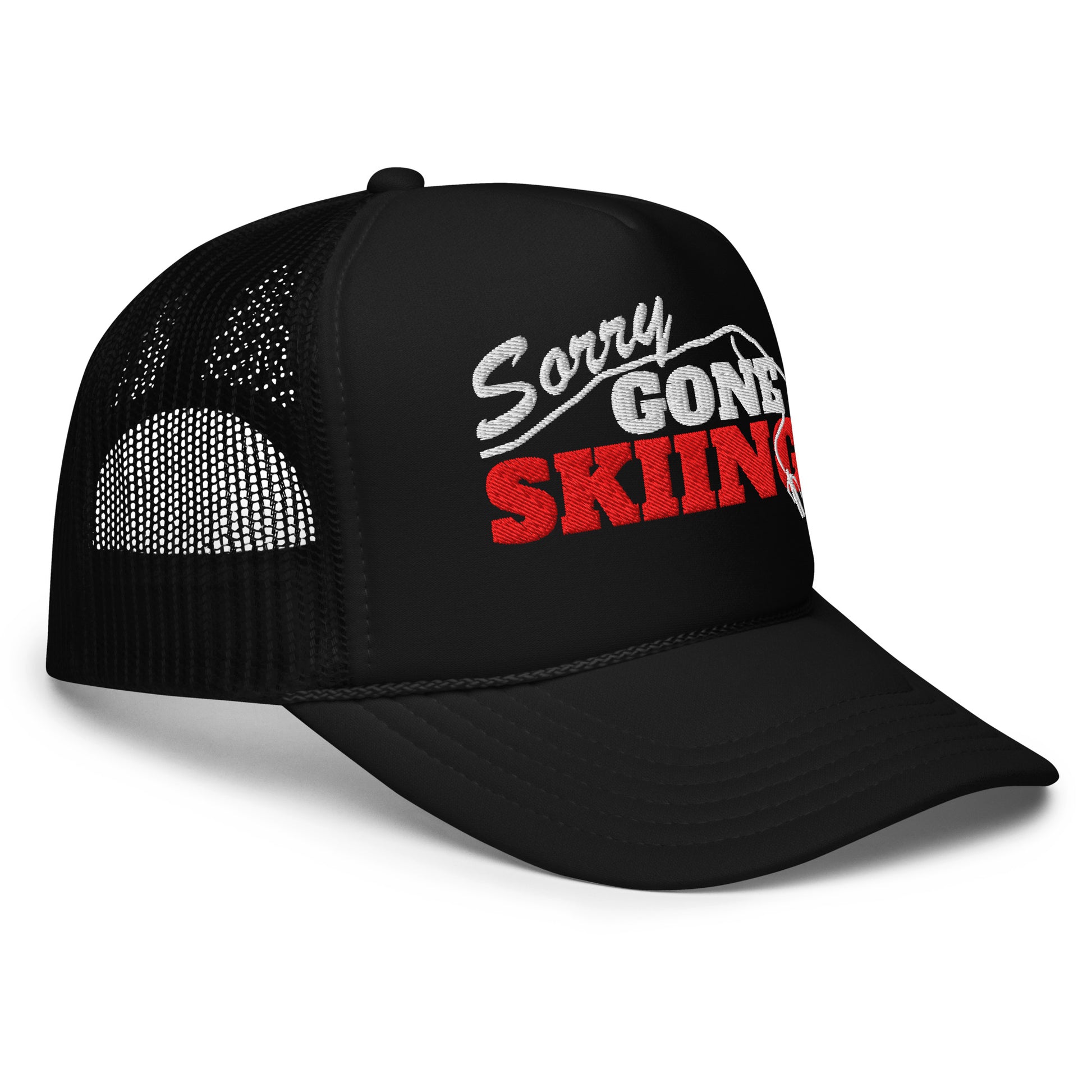 Gone Skiing Trucker Hat in Black Diamond, angled front view showing Sorry Gone Skiing embroidery