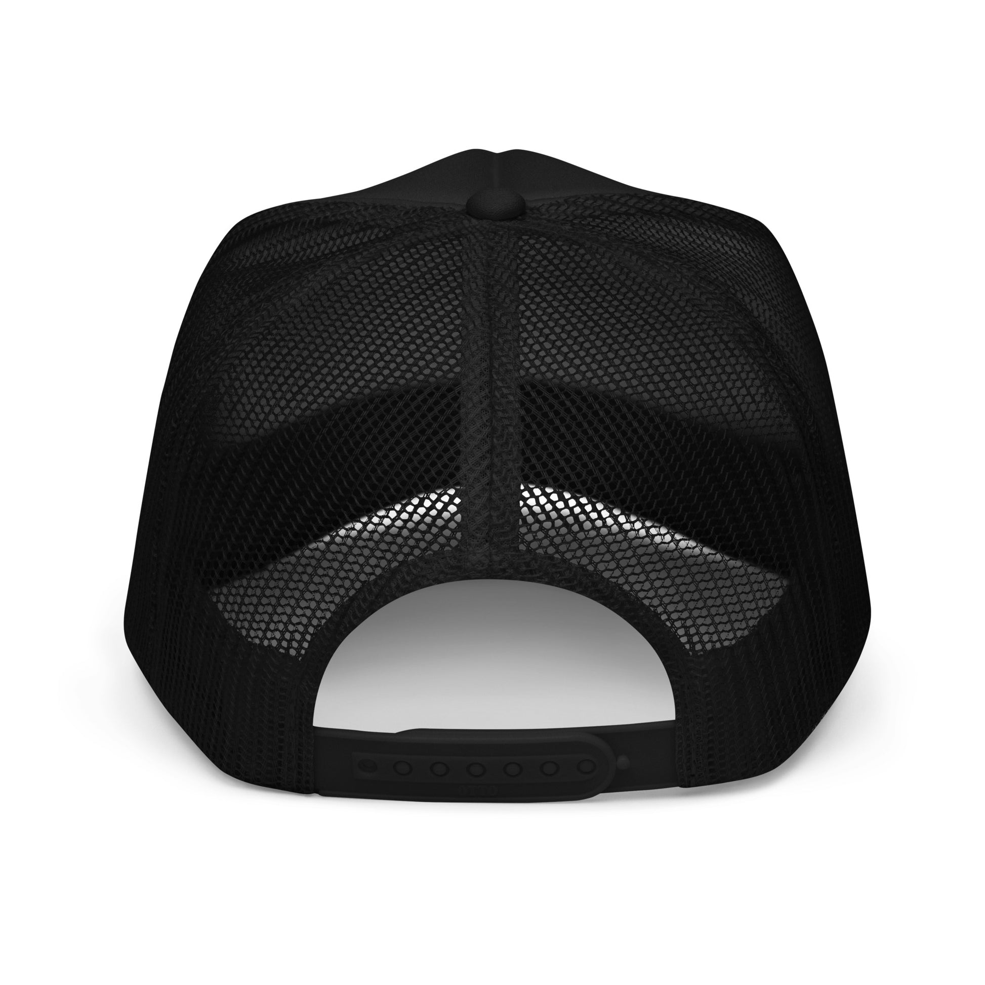 Gone Skiing Trucker Hat in Black Diamond, back view showing mesh trucker panel and snapback closure