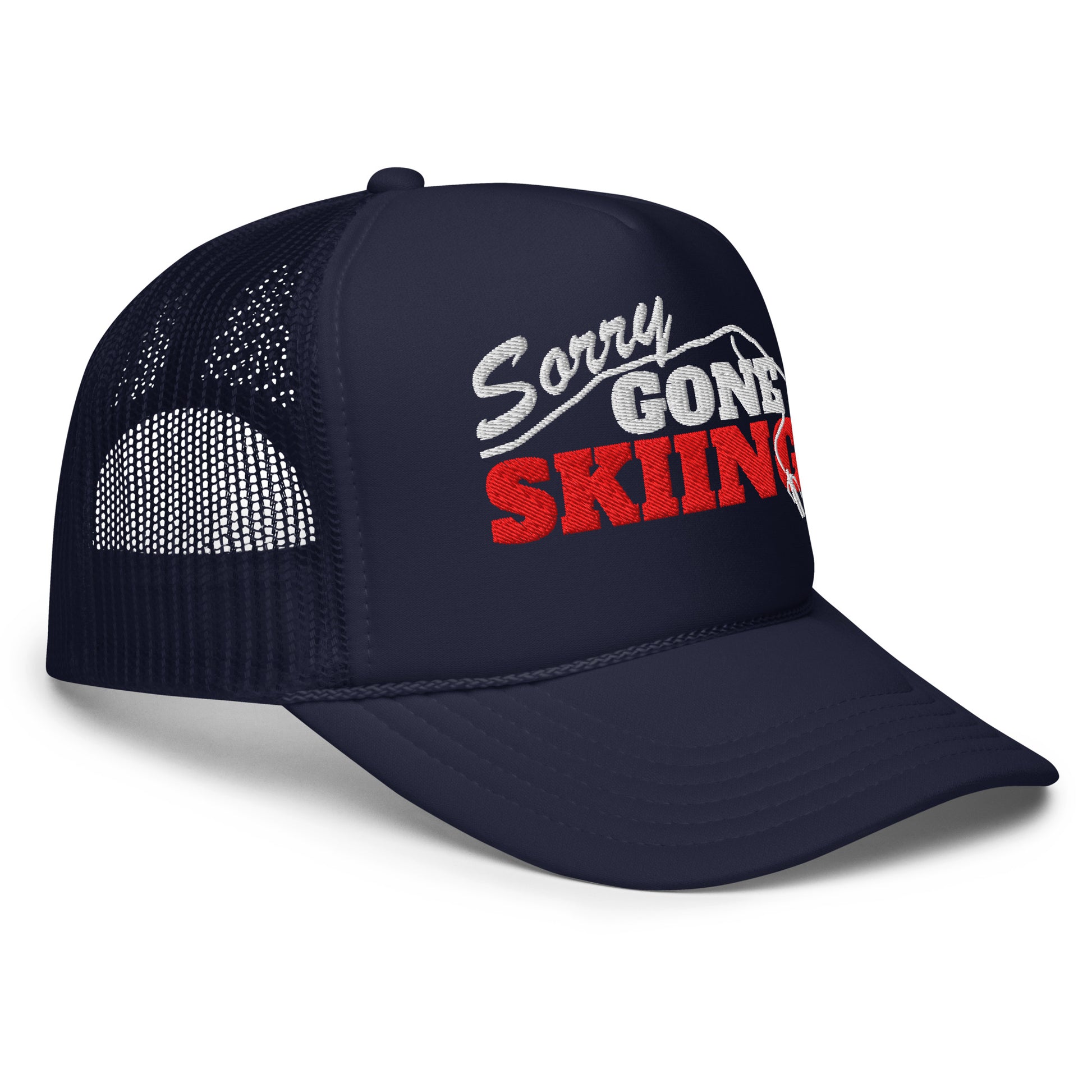 Gone Skiing Trucker Hat in Blue Square, angled front view showing Sorry Gone Skiing embroidery