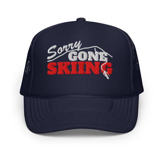 Gone Skiing Trucker Hat in Blue Square with red and white embroidery, front view