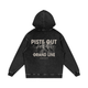 Back view of Black Diamond Grand Line Hoodie featuring the Piste Out peace-sign logo, bold GRAND LINE text, and detailed Teton mountain range graphic inspired by Jackson Hole, Wyoming.
