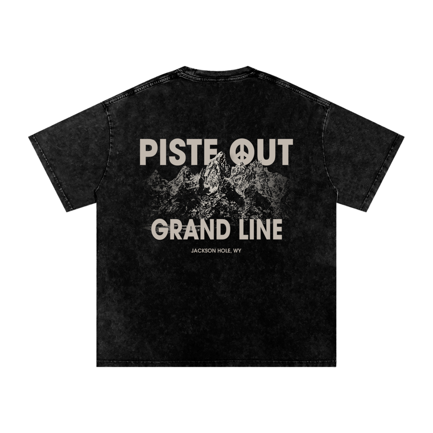 Back view of the Grand Line Tee in Black Diamond, featuring distressed Grand Teton mountain artwork with bold “PISTE OUT” peace-sign logo and “GRAND LINE – JACKSON HOLE, WY” text.