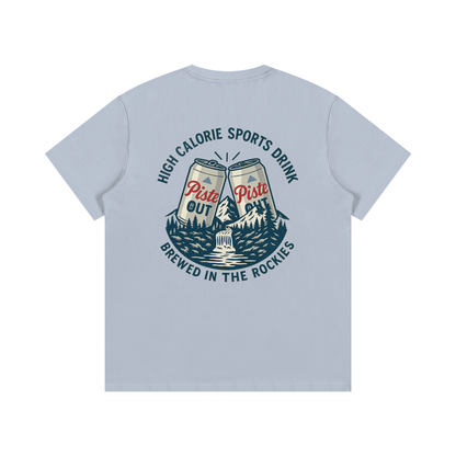 Back view of sky blue bird High Calorie Sports Drink après ski tee with vintage beer can mountain artwork and après ski slogan.