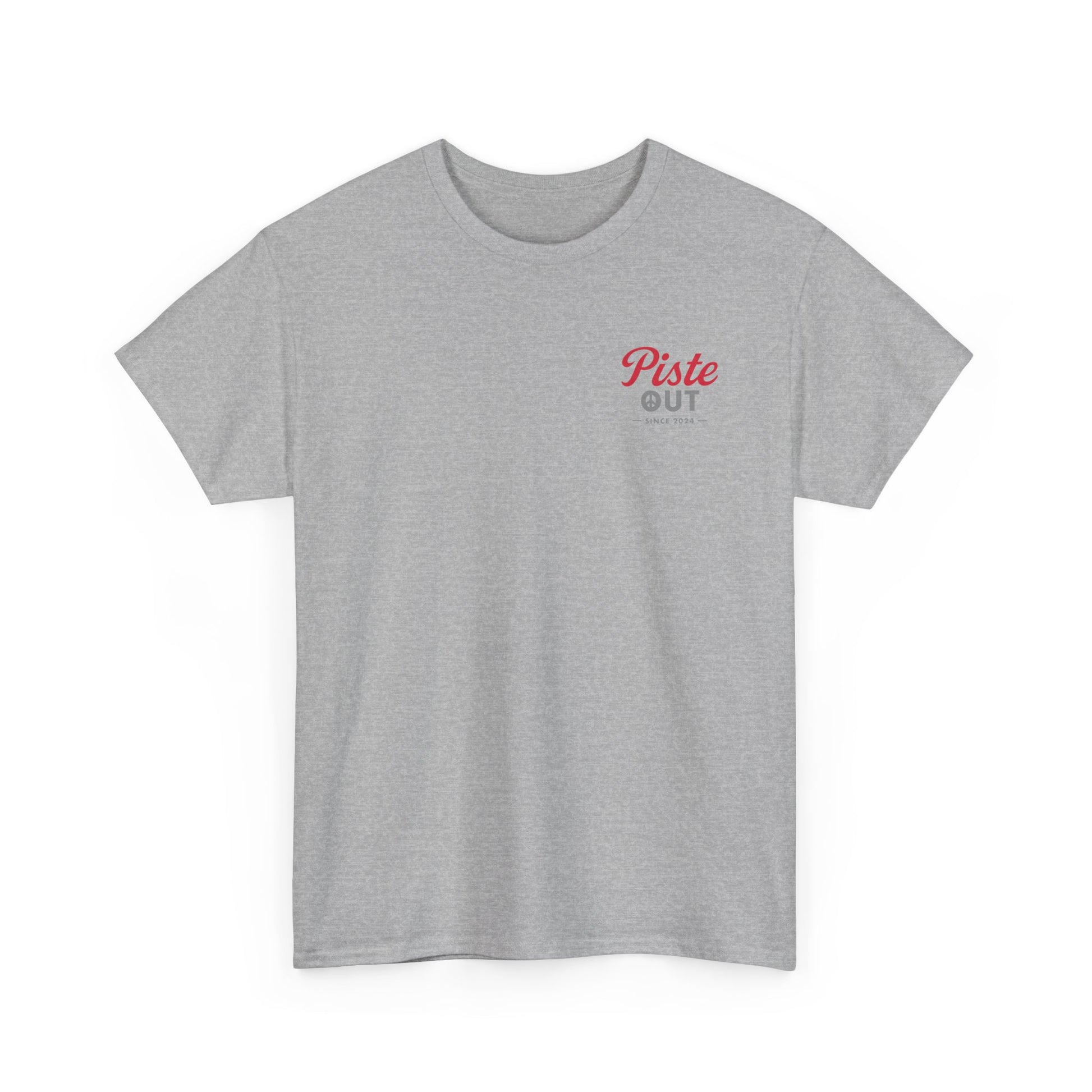 Front view of High Calorie Sports Drink tee in heather gray with red and gray Piste Out chest logo.