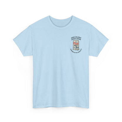Front view of High Calorie Sports Drink tee in light blue with single Piste Out can chest design and après slogan.