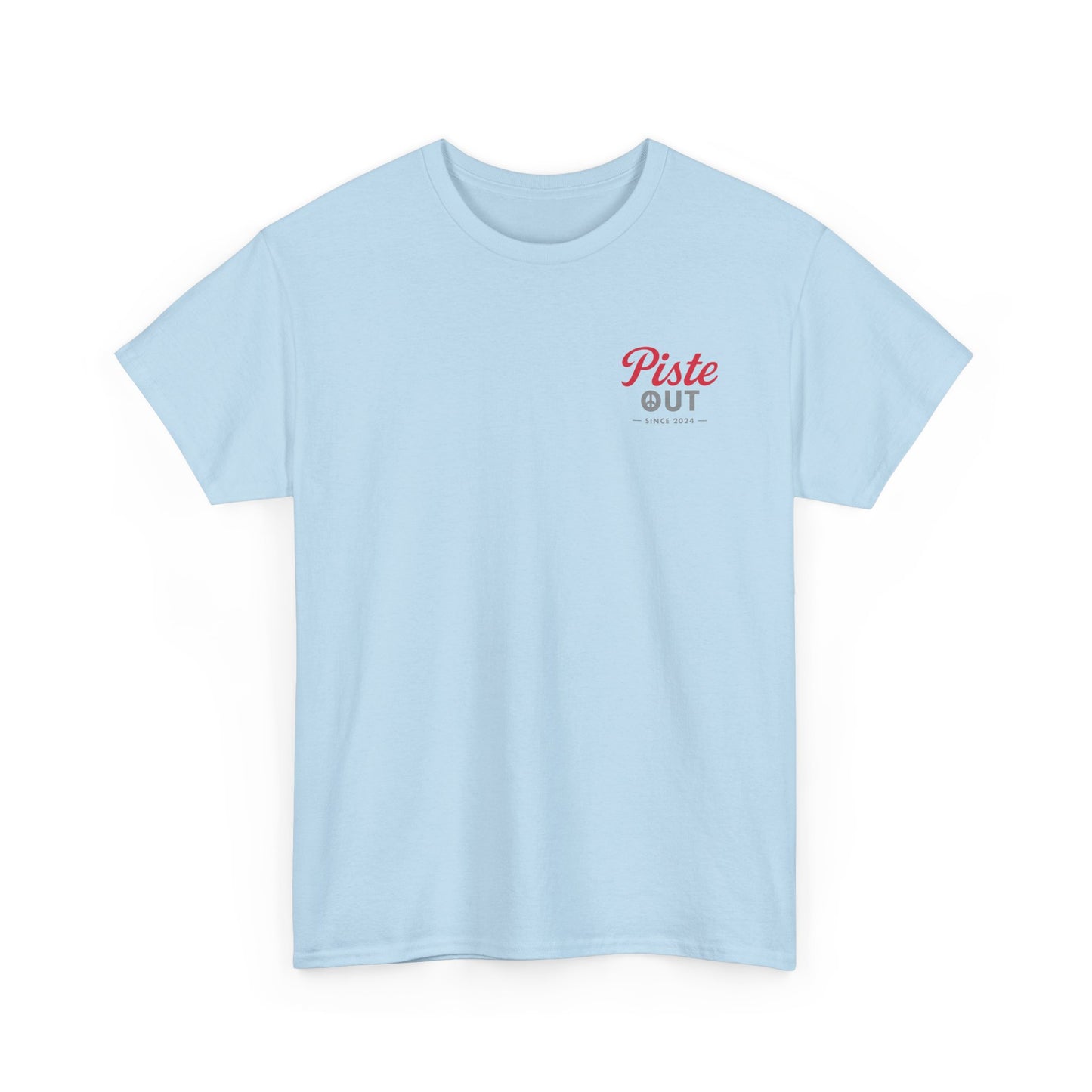 Front view of High Calorie Sports Drink tee in light blue with simple Piste Out chest logo in red script and gray block font.