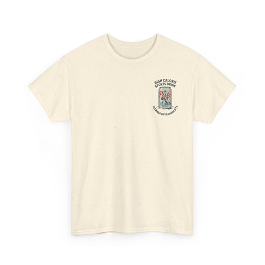 Front view of High Calorie Sports Drink tee in natural oatmeal color with single Piste Out can design and “Slammed on the Chairlifts” slogan.