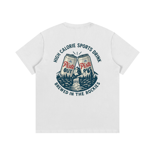Back view of snow High Calorie Sports Drink après ski tee with vintage beer can mountain graphic and text “Brewed in the Rockies.”