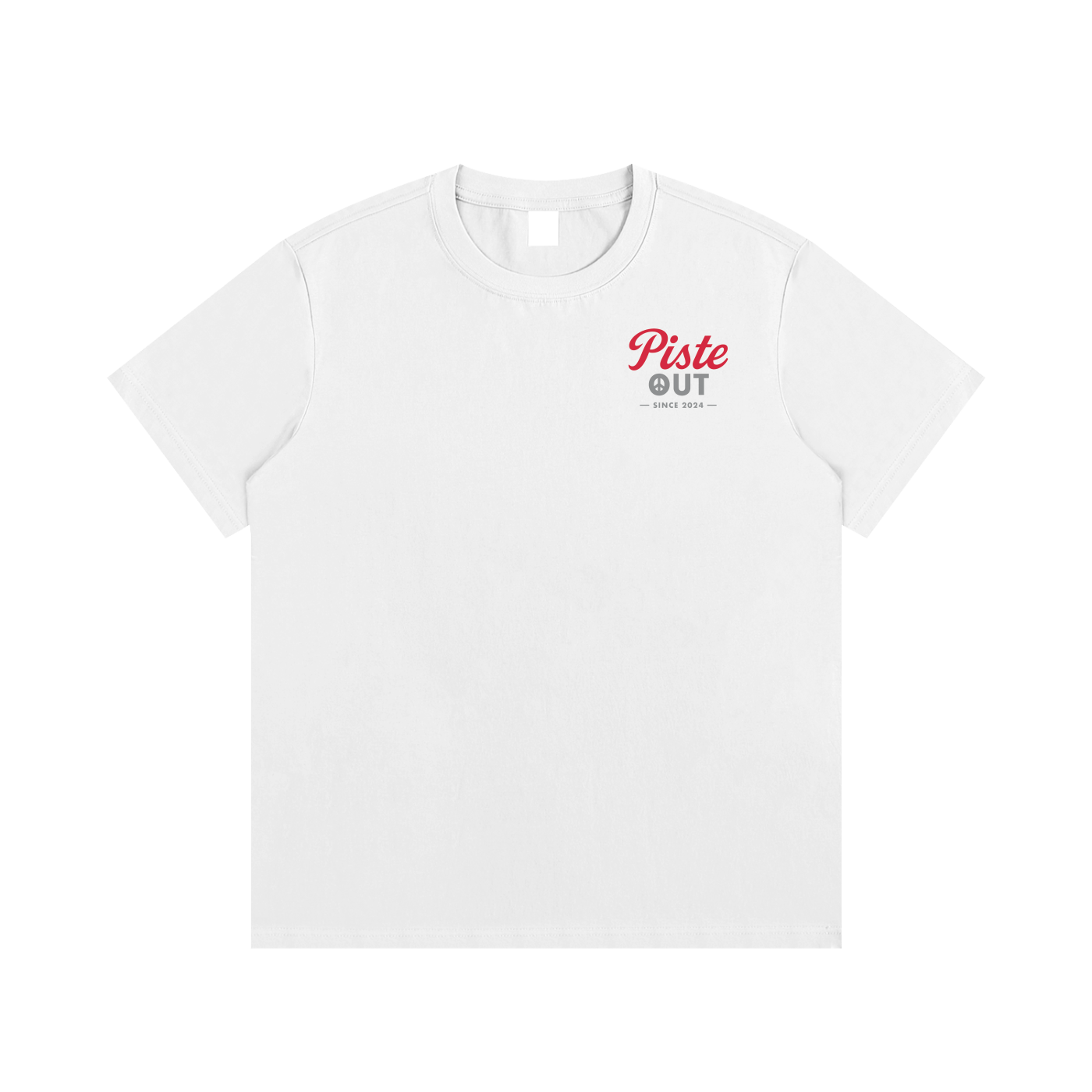 Front view of snow High Calorie Sports Drink après ski tee with small red Piste Out logo on left chest.