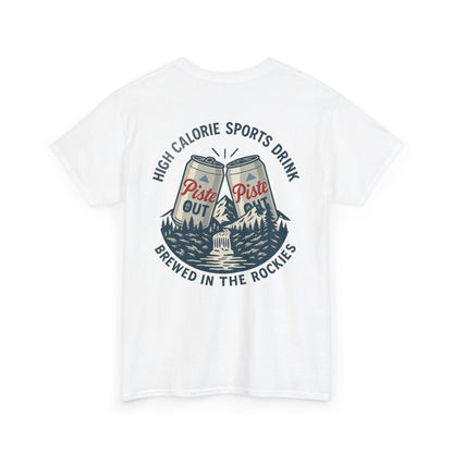 Back view of High Calorie Sports Drink tee in white featuring two Piste Out cans, mountain scene, and après ski text