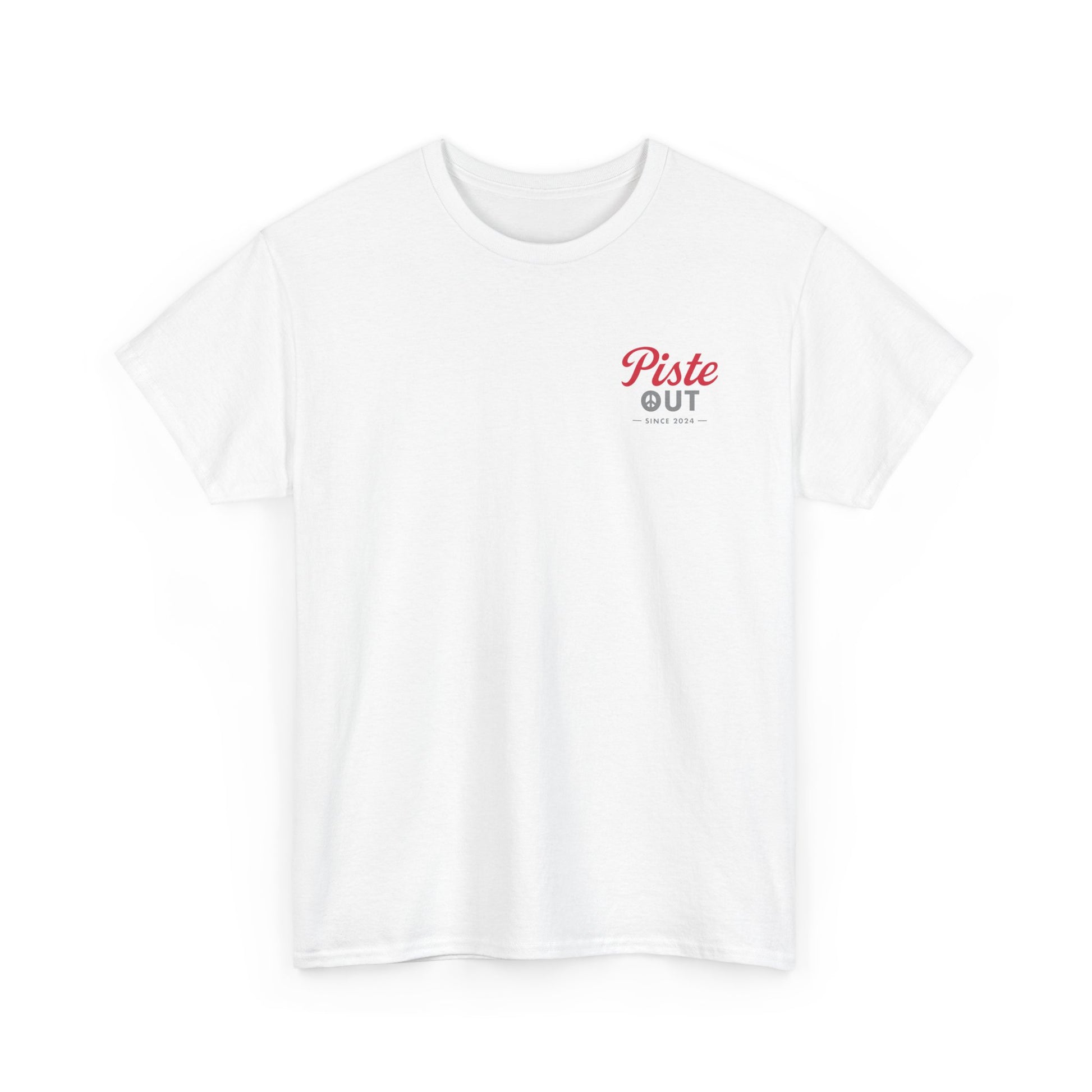 Front view of High Calorie Sports Drink tee in white with Piste Out chest logo in red script and gray block lettering.