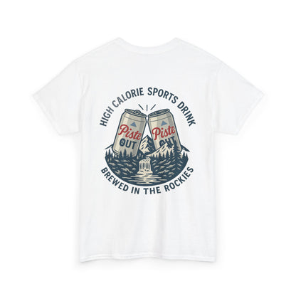 Back view of High Calorie Sports Drink tee in white with two Piste Out cans, mountain scene, and après ski text.