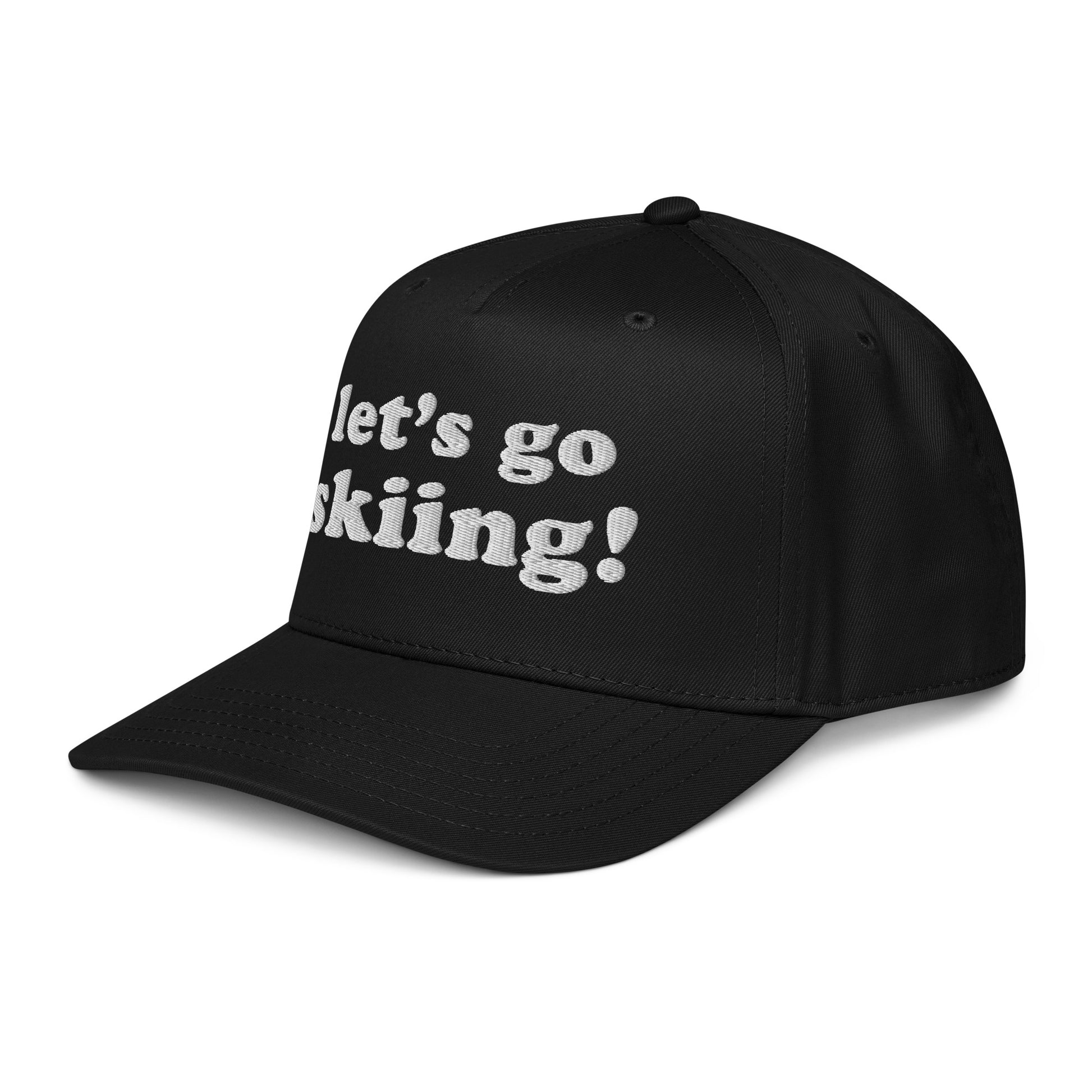 Left angle view of the Let’s Go Skiing! Hat in Black with white embroidered ski phrase on the front panel.