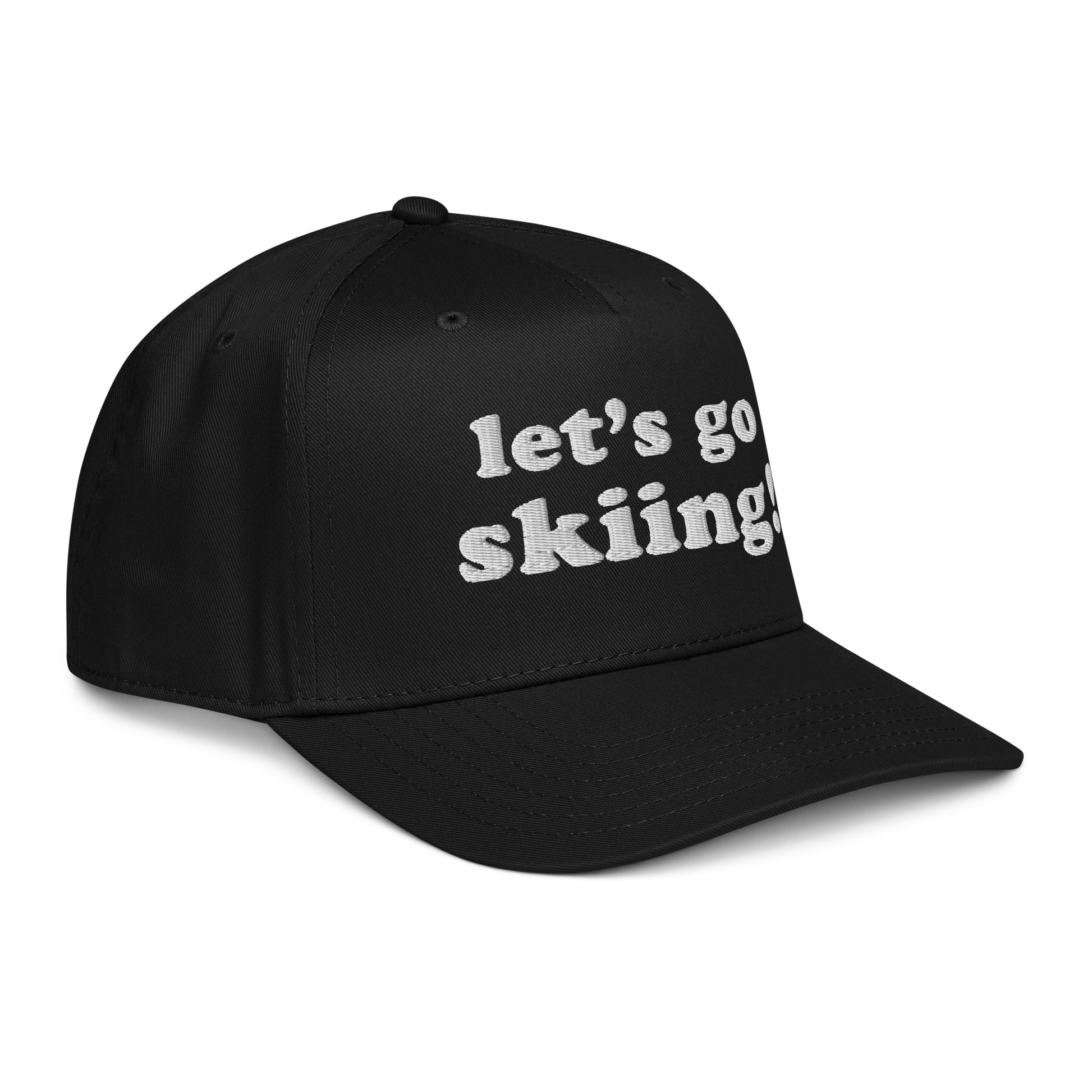 Right angle view of the Let’s Go Skiing! Hat in Black showing the curved brim and white embroidered “let’s go skiing!” design.