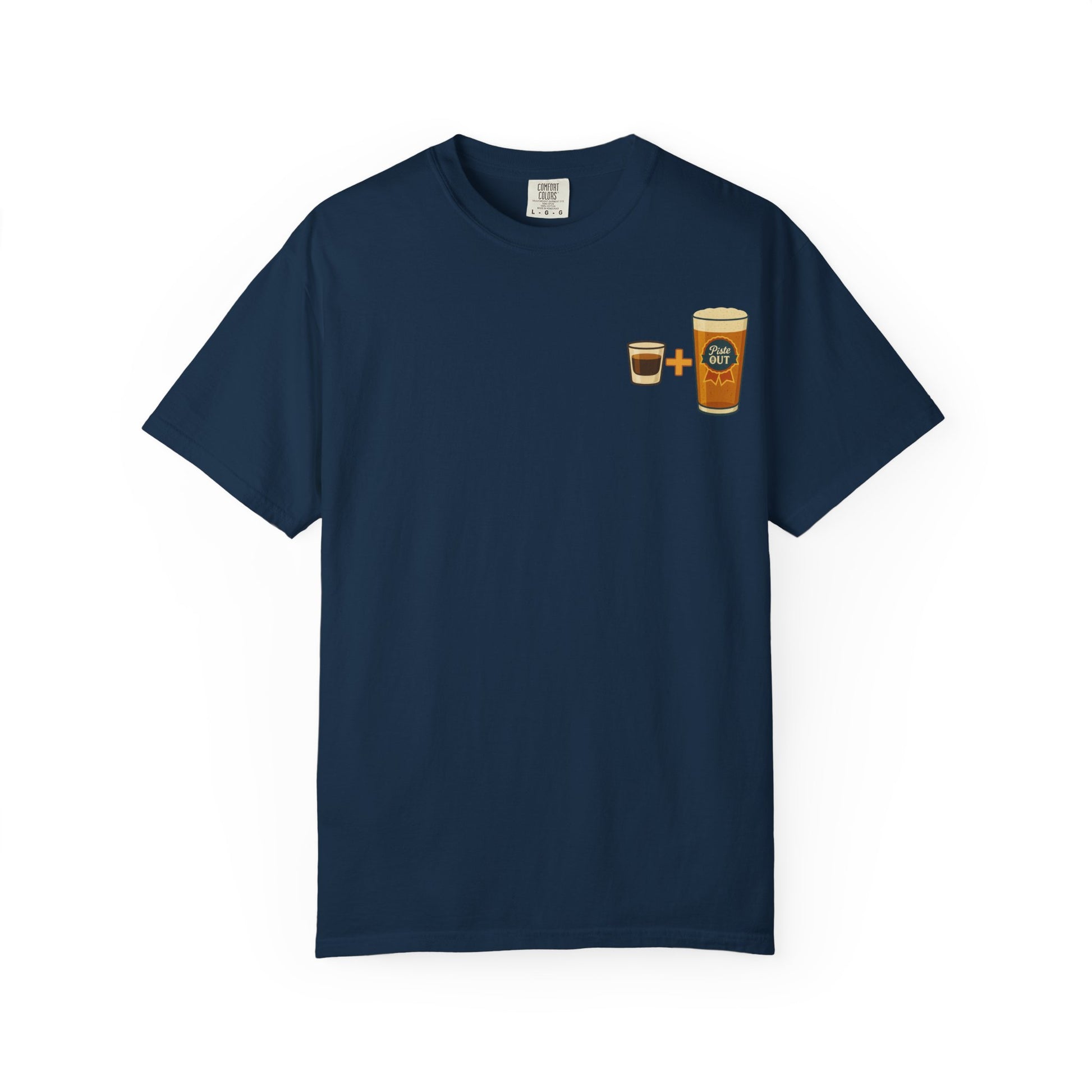 Front view of true navy Alta Bomb t-shirt with pint and shot glass design.
