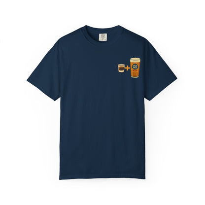 Front view of true navy Alta Bomb t-shirt with pint and shot glass design.