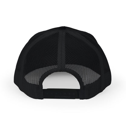 Back view of black trucker hat showing mesh panel and adjustable strap