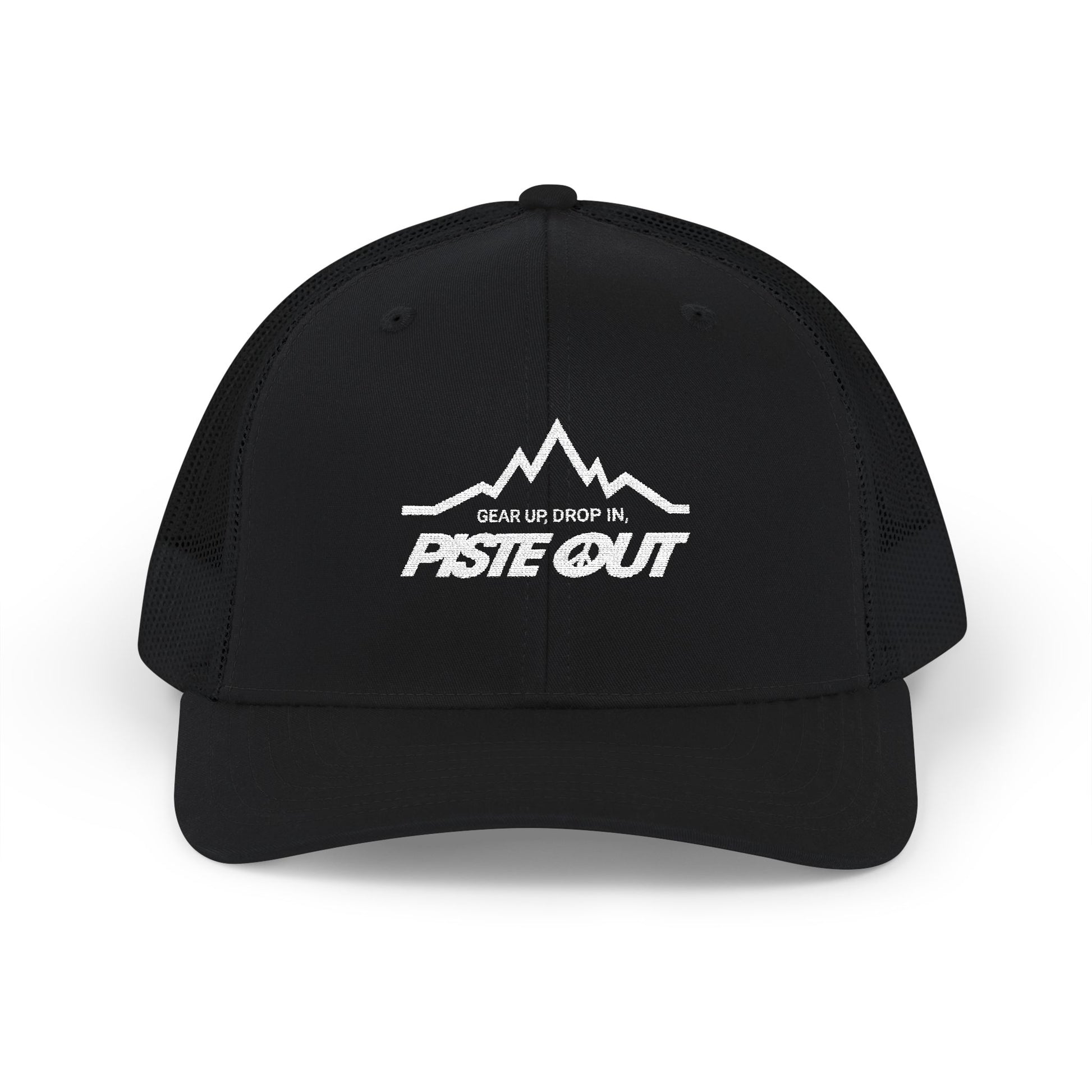 Front view of black trucker hat with white Piste Out mountain logo and slogan “Gear Up. Drop In.” embroidered on front