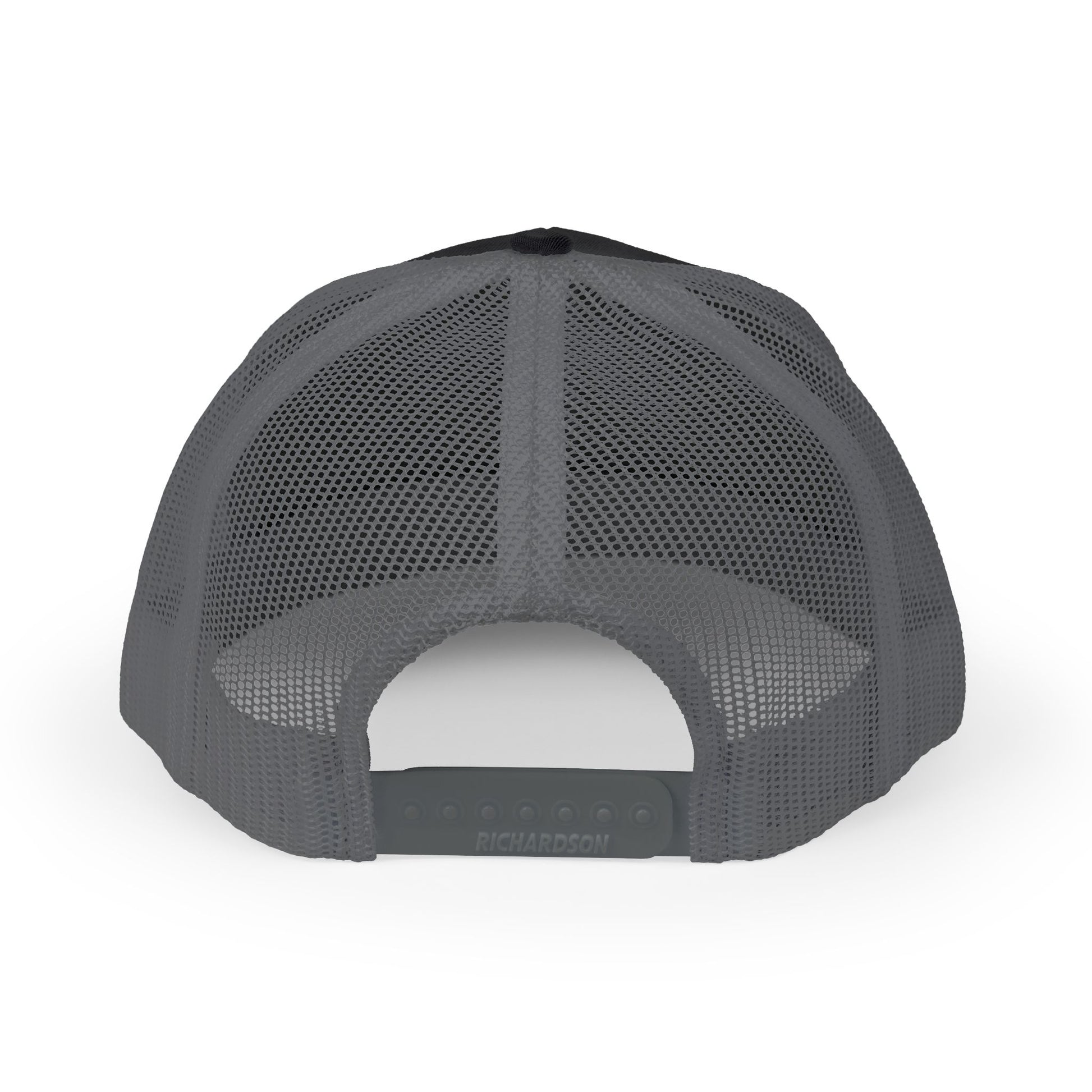 Back view of black and gray trucker hat showing mesh panel and snapback strap