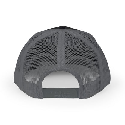 Back view of black and gray trucker hat showing mesh panel and snapback strap