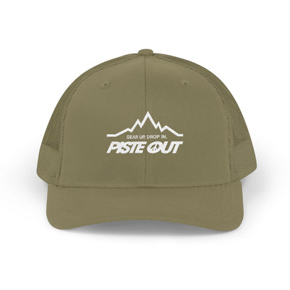 Front view of olive green trucker hat with white Piste Out mountain logo and slogan embroidered on front